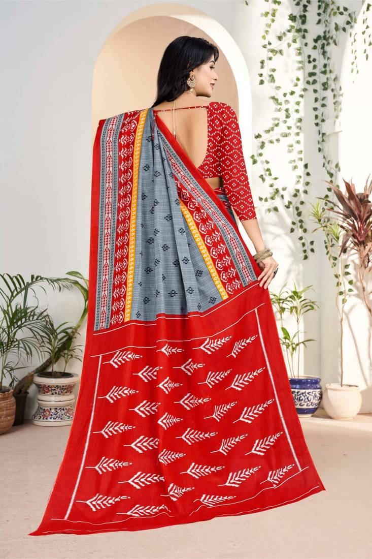 Grey Colour Soft Cotton Block Print Saree