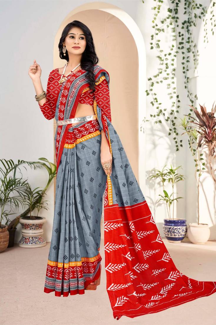 Grey Colour Soft Cotton Block Print Saree