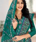 Teal Colour Soft Cotton Block Print Saree