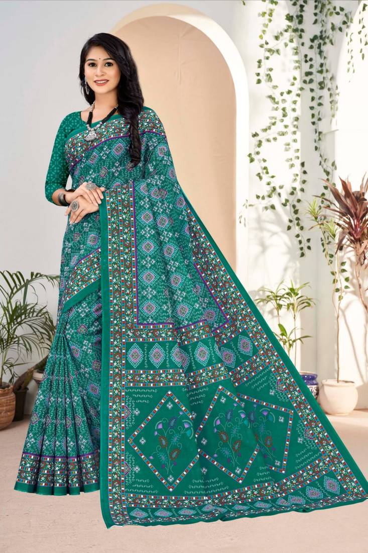 Teal Colour Soft Cotton Block Print Saree