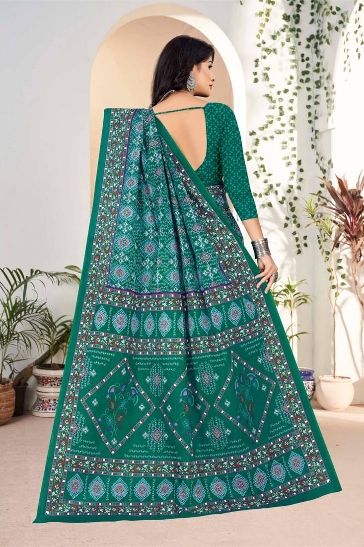 Teal Colour Soft Cotton Block Print Saree