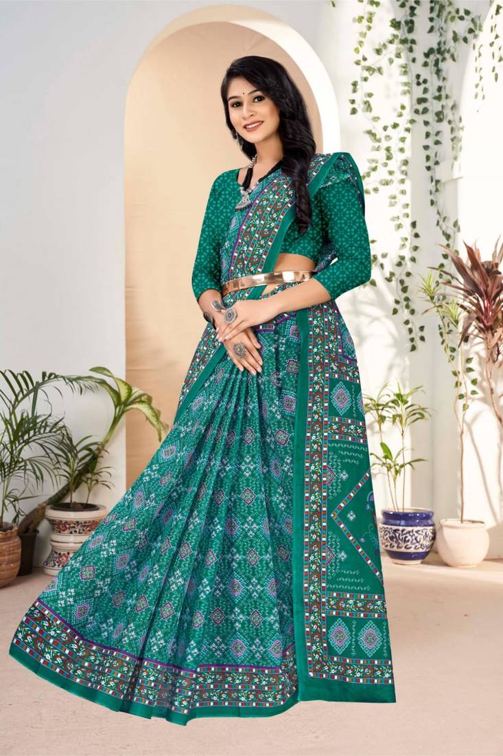 Teal Colour Soft Cotton Block Print Saree