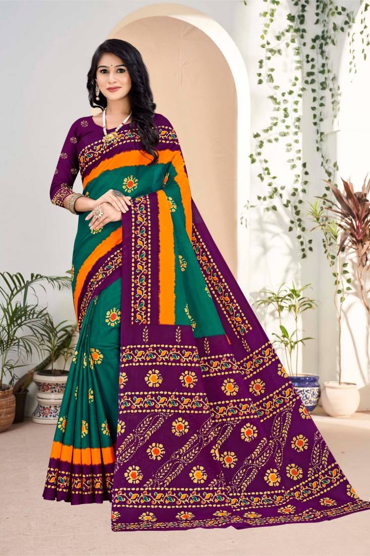 Green Colour Soft Cotton Block Print Saree