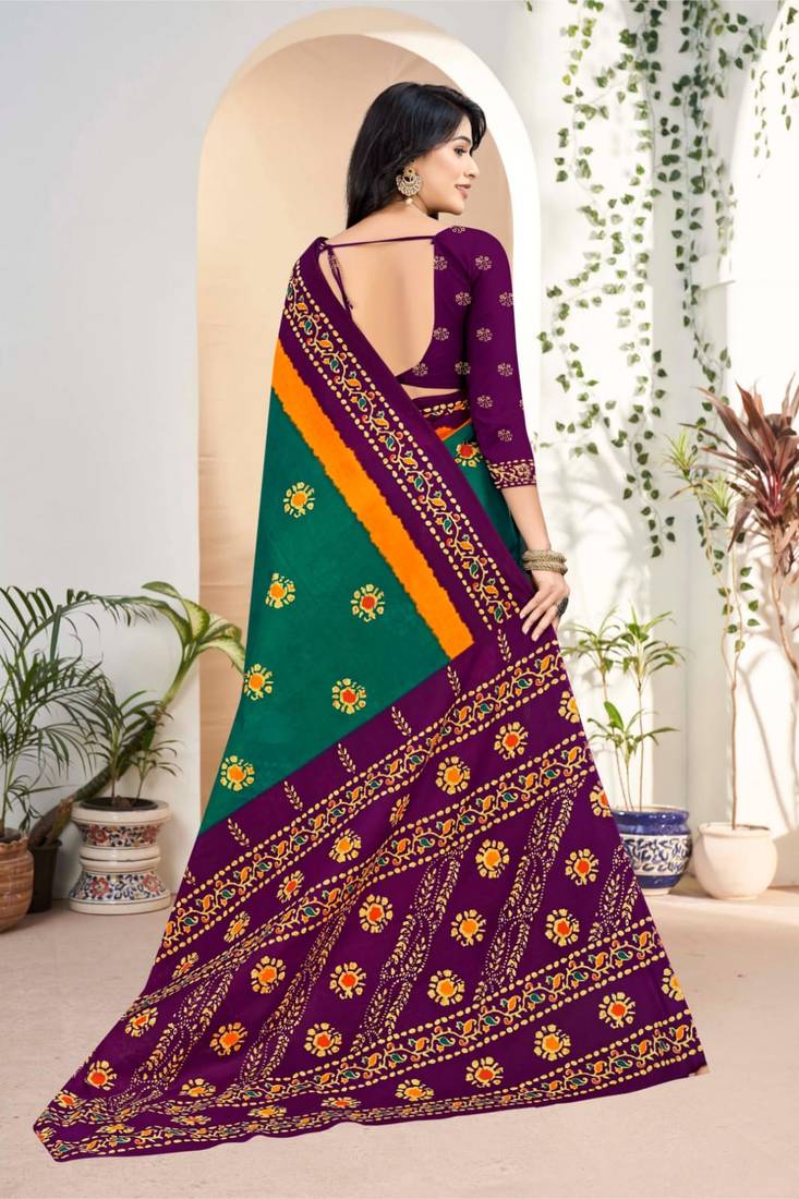 Green Colour Soft Cotton Block Print Saree