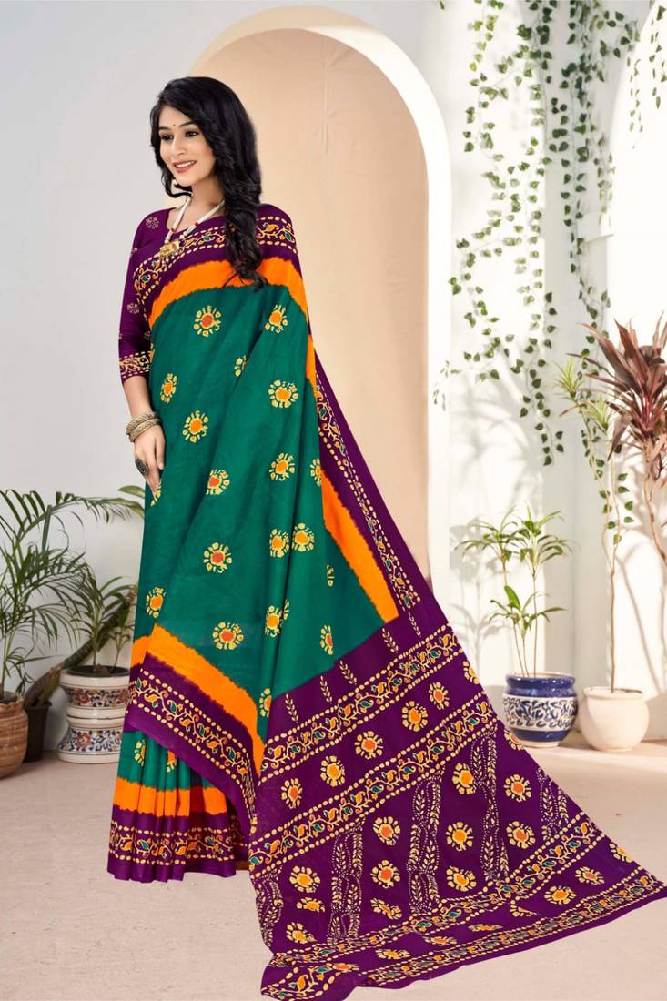 Green Colour Soft Cotton Block Print Saree