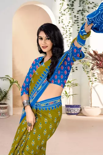 Mehendi Colour Soft Cotton Block Print Saree