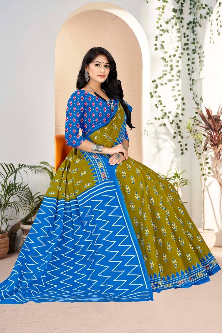 Mehendi Colour Soft Cotton Block Print Saree