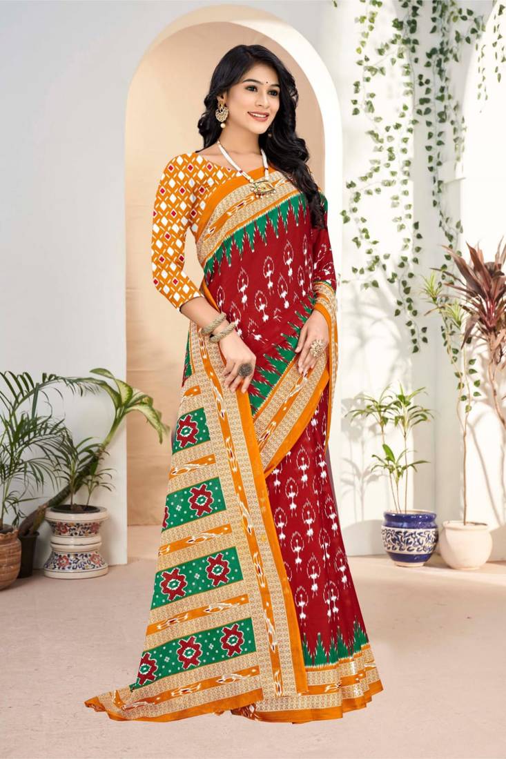Red Colour Soft Cotton Block Print Saree
