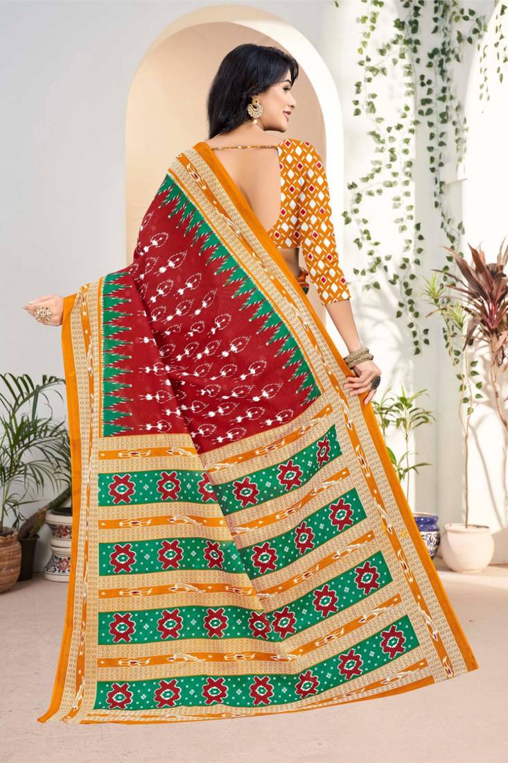 Red Colour Soft Cotton Block Print Saree