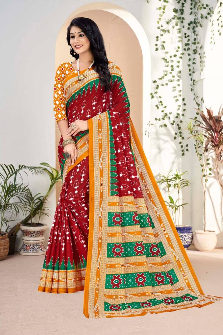 Red Colour Soft Cotton Block Print Saree