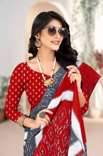 Grey Colour Soft Cotton Block Print Saree