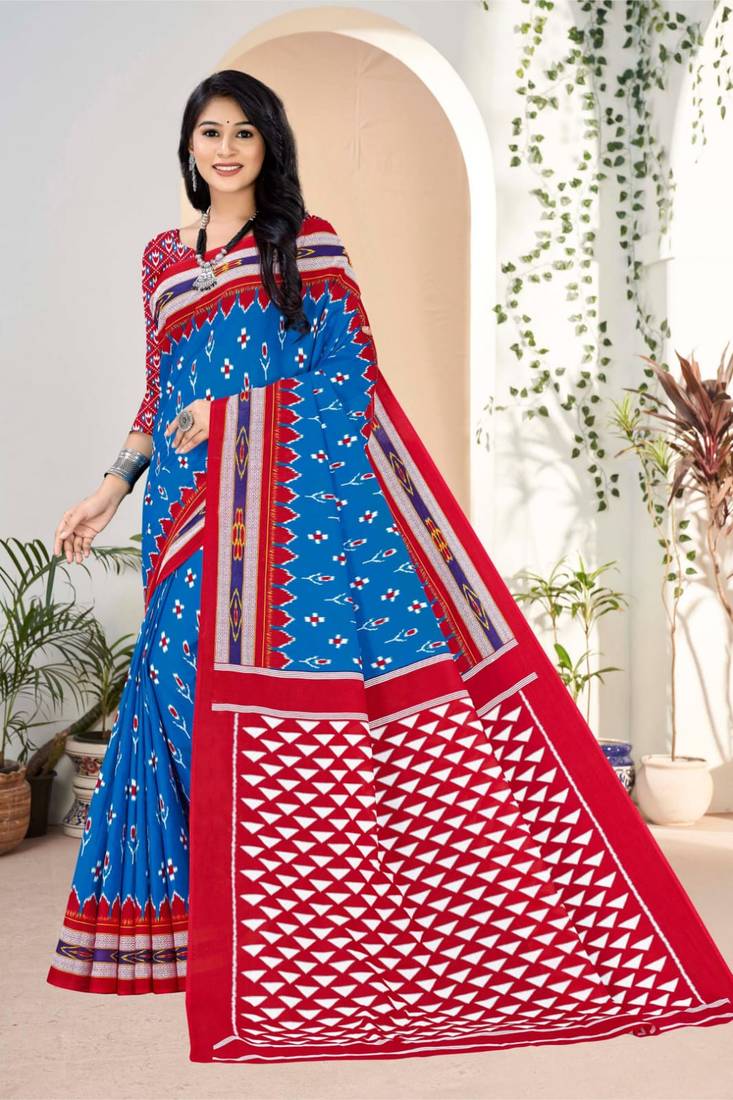 Blue Colour Soft Cotton Block Print Saree