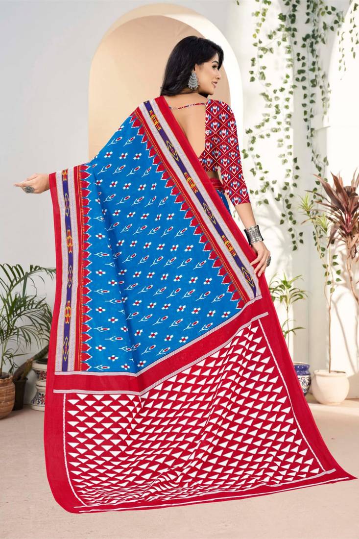 Blue Colour Soft Cotton Block Print Saree
