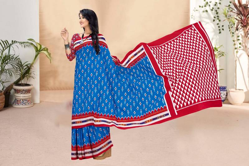 Blue Colour Soft Cotton Block Print Saree