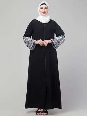 Elegant Black Front Zip Abaya with Patterned Bell Sleeves 1
