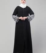 Elegant Black Front Zip Abaya with Patterned Bell Sleeves