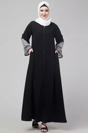 Elegant Black Front Zip Abaya with Patterned Bell Sleeves
