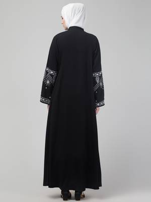Black matt nida abaya with thread embroidery sleeve and hijab 2