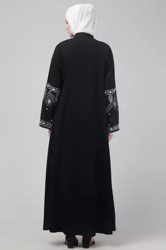 Black matt nida abaya with thread embroidery sleeve and hijab