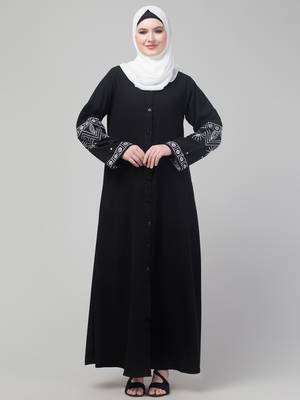 Black matt nida abaya with thread embroidery sleeve and hijab 1