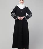 Black matt nida abaya with thread embroidery sleeve and hijab