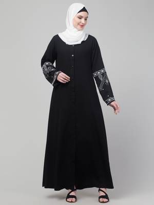 Black matt nida abaya with thread embroidery sleeve and hijab 3