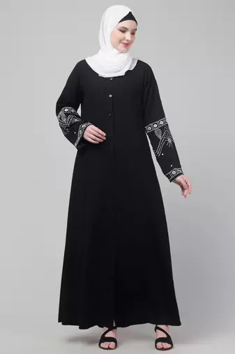 Black matt nida abaya with thread embroidery sleeve and hijab
