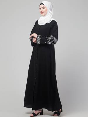 Black matt nida abaya with thread embroidery sleeve and hijab 4