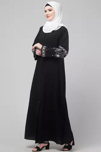 Black matt nida abaya with thread embroidery sleeve and hijab