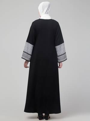 nazneen designer black nida abaya - keffiyeh print on sleeves, includes hijab 2
