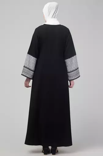 nazneen designer black nida abaya - keffiyeh print on sleeves, includes hijab