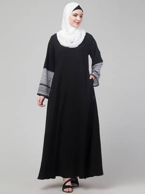 nazneen designer black nida abaya - keffiyeh print on sleeves, includes hijab 1