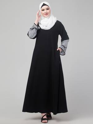 nazneen designer black nida abaya - keffiyeh print on sleeves, includes hijab 3