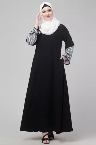 nazneen designer black nida abaya - keffiyeh print on sleeves, includes hijab