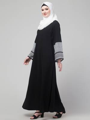 nazneen designer black nida abaya - keffiyeh print on sleeves, includes hijab 4