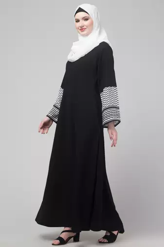 nazneen designer black nida abaya - keffiyeh print on sleeves, includes hijab