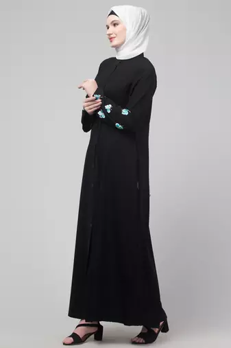 Black abaya with butterfly embroidered sleeve and hijab