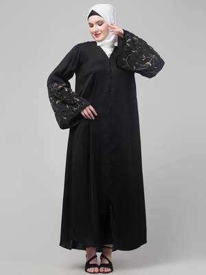 Black abaya with hand embroidered sleeve and hijab 1