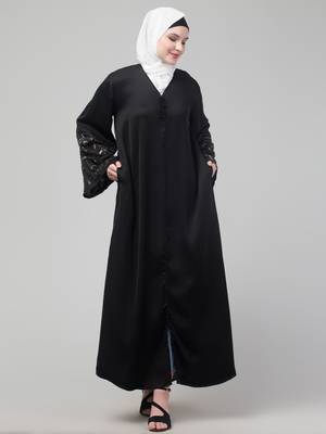 Black abaya with hand embroidered sleeve and hijab 3