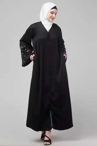 Black abaya with hand embroidered sleeve and hijab