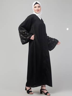 Black abaya with hand embroidered sleeve and hijab 4