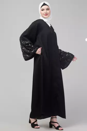 Black abaya with hand embroidered sleeve and hijab