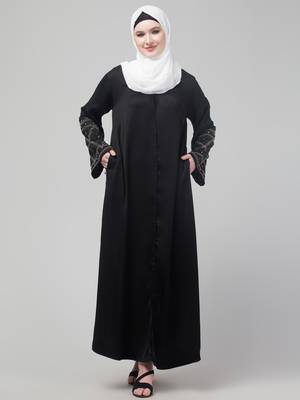 Black abaya with hand embroidered sleeve and hijab 3