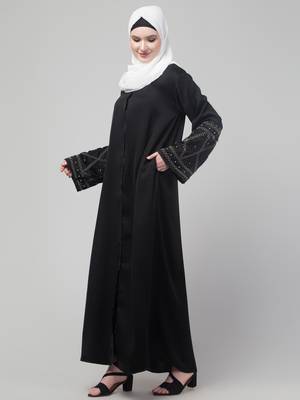 Black abaya with hand embroidered sleeve and hijab 4