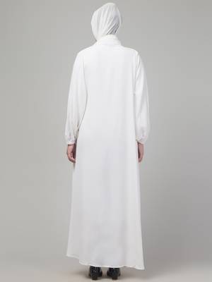 White plain abaya with placket elastic sleeve and hijab 2