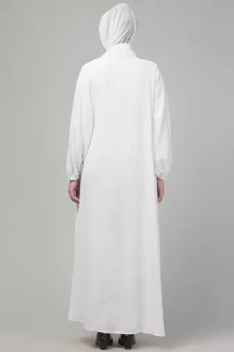 White plain abaya with placket elastic sleeve and hijab