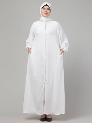 White plain abaya with placket elastic sleeve and hijab 1