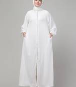 White plain abaya with placket elastic sleeve and hijab