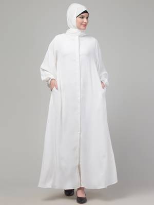 White plain abaya with placket elastic sleeve and hijab 3