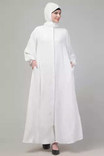 White plain abaya with placket elastic sleeve and hijab